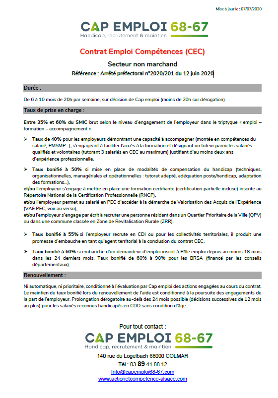 T�l�chargez le PDF du Contrat Emploi Comp�tences (CEC), Secteur non marchand, R�f�rence : Arr�t� pr�fectoral n�2020/201 du 12 juin 2020