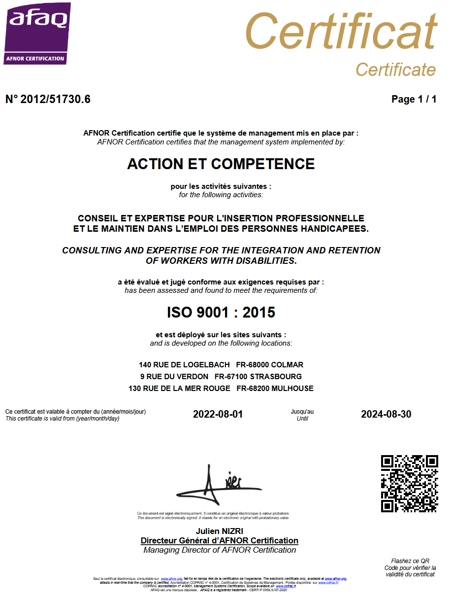 Certificat&nbsp;ISO&nbsp;9001&nbsp;N�&nbsp;2012/51730.5&nbsp;pour&nbsp;Action&nbsp;et&nbsp;Comp�tence
